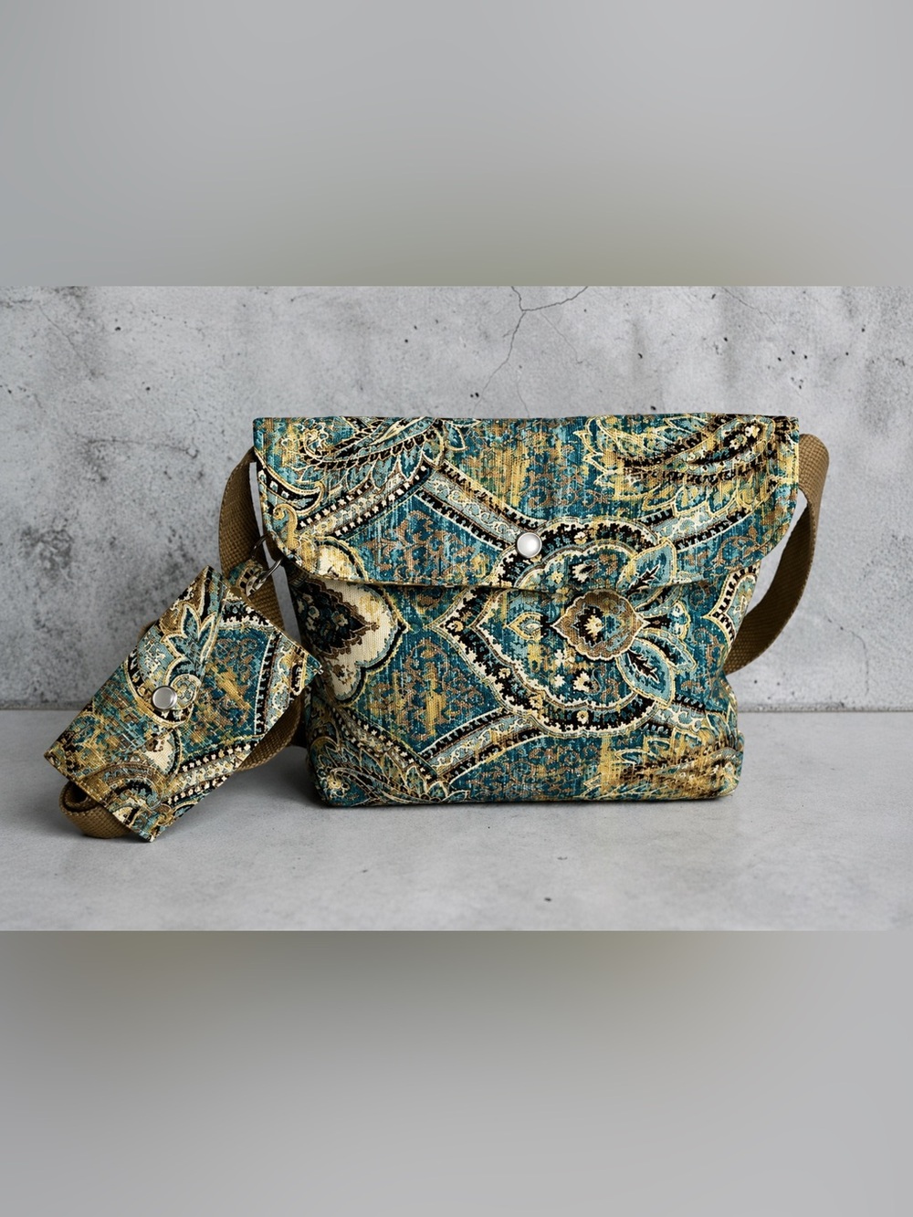 Handmade Crossbody Bag With Matching Card Wallet Keychain Boho Paisley Purse